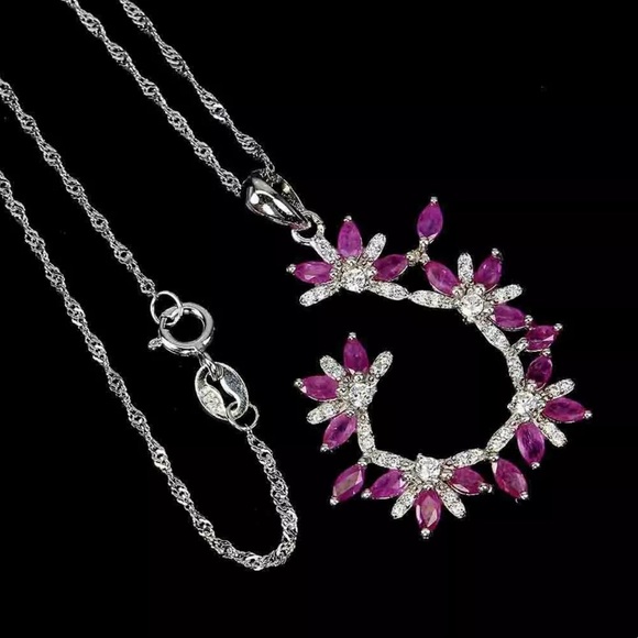Natural Marquise Ruby 4x2mm Cz 14K White Gold Plate 925 Sterling Silver Necklace